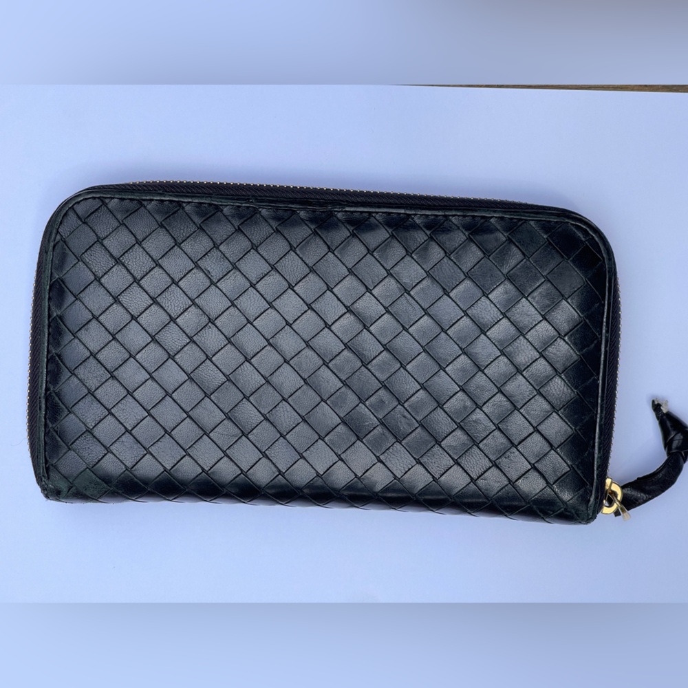 Bottega Veneta project wallet black leather gold zipper long